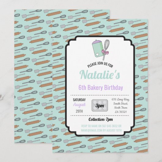 Verjaardagsfeest Nodig Bakkerij Verjaardag Mint Co Kaart (Voorkant / Achterkant)
