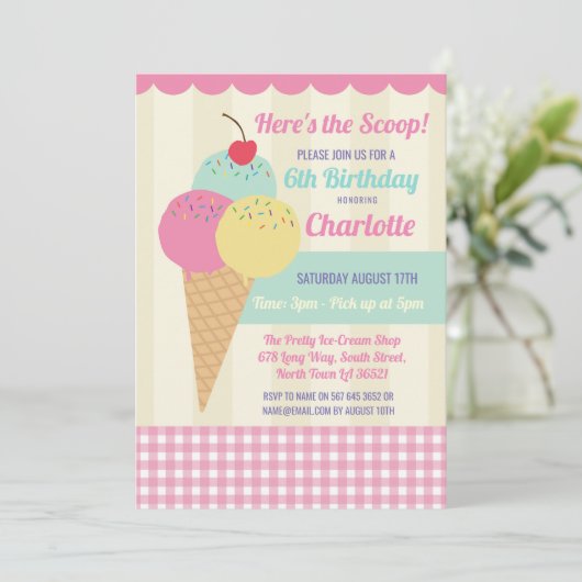 Verjaardagsfeest Nodig Ice Cream Scoop Parlor uit Kaart (Staand voorkant)
