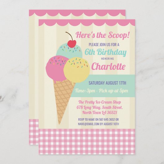 Verjaardagsfeest Nodig Ice Cream Scoop Parlor uit Kaart (Voorkant / Achterkant)