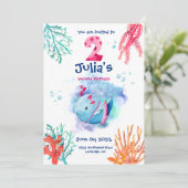 Verjaardagsfeest onder de zee walvis, oceandieren kaart (Staand voorkant)