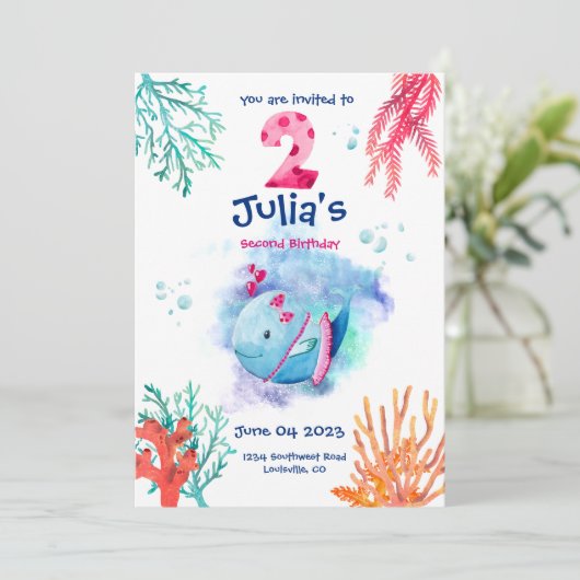 Verjaardagsfeest onder de zee walvis, oceandieren kaart (Staand voorkant)