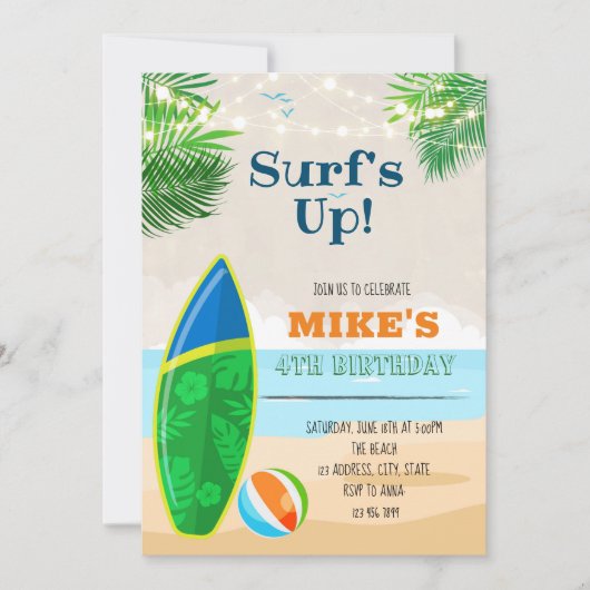 Verjaardagsfeest op het strand met surfen kaart (Voorkant)