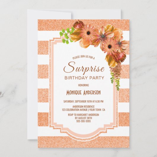 Verjaardagsfeest Oranje Gestreept Bloemmotief Kaart