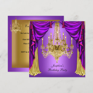 Verjaardagsfeest Paars Gouden Kroonluchter Drapes Kaart