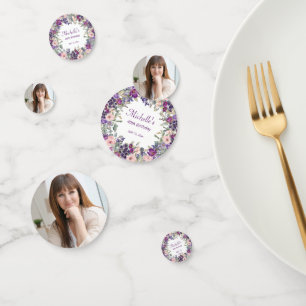 Verjaardagsfeest Paarse Blush Roze Bloemen Foto Confetti