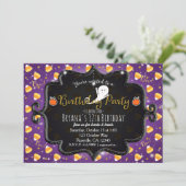 VERJAARDAGSFEEST Paarse Candy Corn Ghost Invitatio Kaart (Staand voorkant)