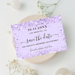 Verjaardagsfeest paarse glitters save the date