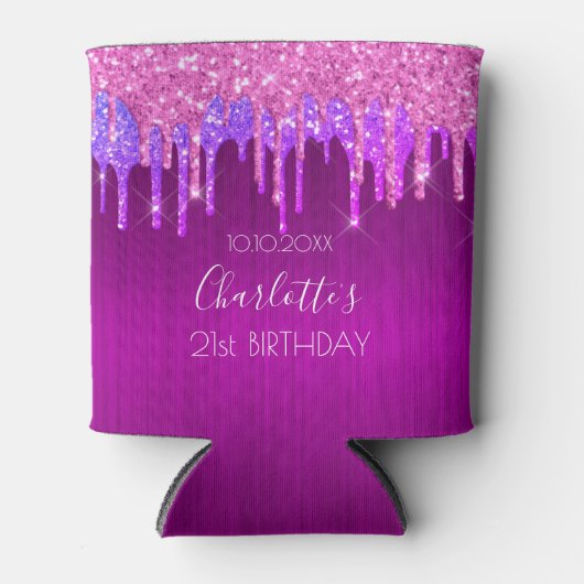 Verjaardagsfeest paarse roze glitters glans glamou blikjeskoeler (Voorkant)