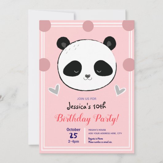 Verjaardagsfeest Panda Gezicht en Roze Polka Dots Kaart (Voorkant)