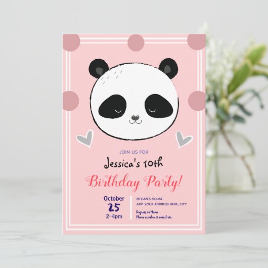Verjaardagsfeest Panda Gezicht en Roze Polka Dots Kaart (Staand voorkant)