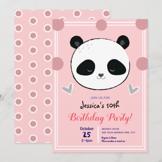 Verjaardagsfeest Panda Gezicht en Roze Polka Dots Kaart (Voorkant / Achterkant)