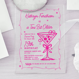 VERJAARDAGSFEEST Pink Doodle Martini 19e Verjaarda Acryl Uitnodigingen