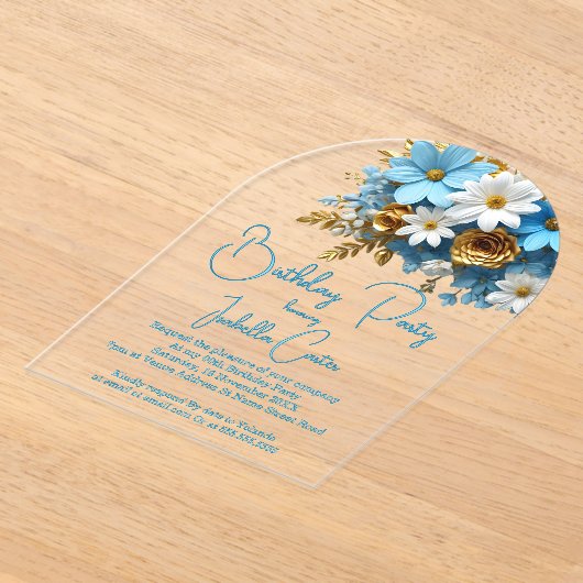 Verjaardagsfeest Poeder Blauw Goud Wit Bloemen Acryl Uitnodigingen (Laagn)