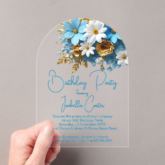 Verjaardagsfeest Poeder Blauw Goud Wit Bloemen Acryl Uitnodigingen (Insitu (Draagbaar))