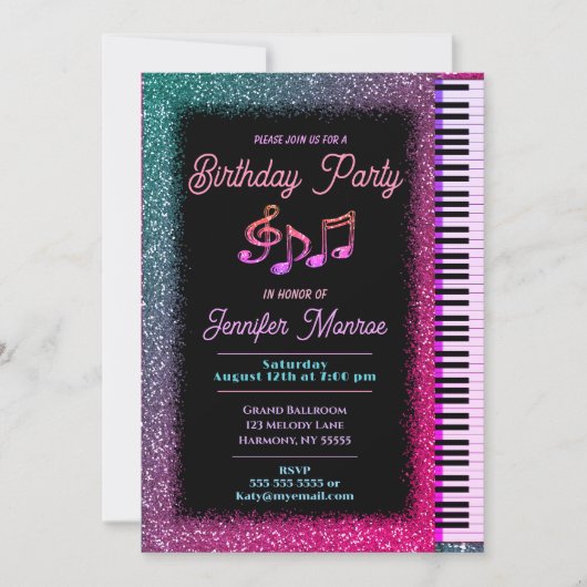 Verjaardagsfeest Rainbow Glitter Piano Kaart (Voorkant)