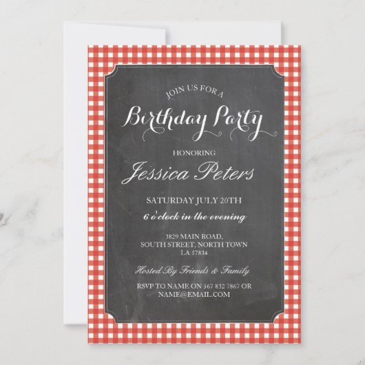 Verjaardagsfeest Red Check Rustic Chalk Invitation Kaart (Voorkant)