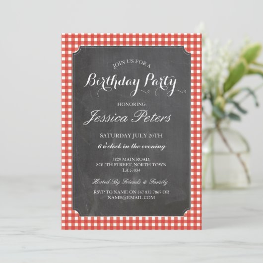 Verjaardagsfeest Red Check Rustic Chalk Invitation Kaart (Staand voorkant)