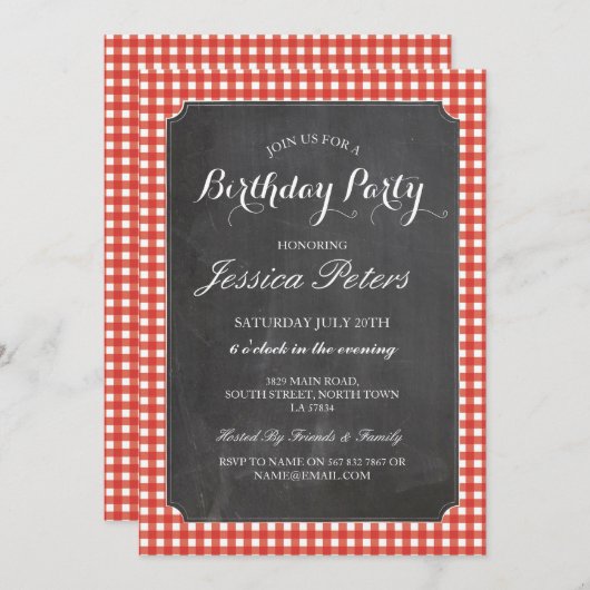Verjaardagsfeest Red Check Rustic Chalk Invitation Kaart (Voorkant / Achterkant)