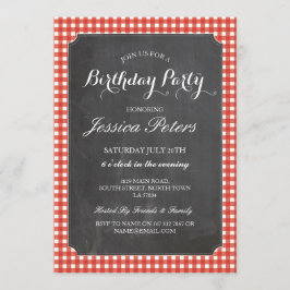 Verjaardagsfeest Red Check Rustic Chalk Invitation Kaart
