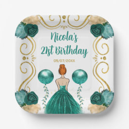 Verjaardagsfeest Red Hair Princess in Blauwgroen Papieren Bordje