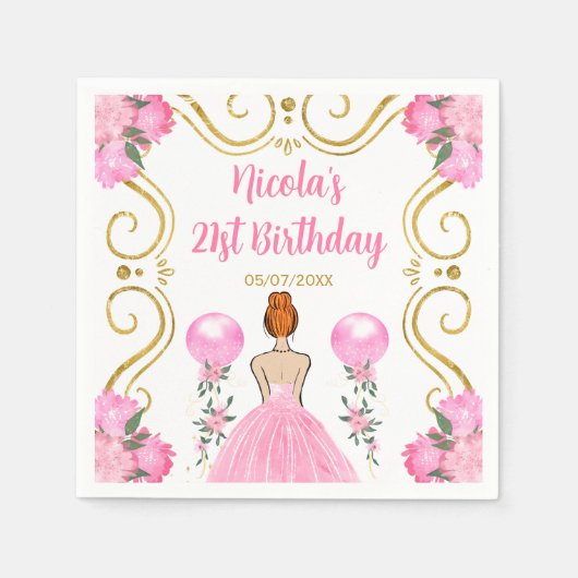 Verjaardagsfeest Red Hair Princess in Roze Servet (Voorkant)