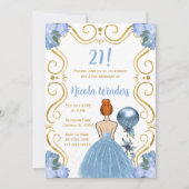 Verjaardagsfeest rood haar prinses in blauw kaart (Voorkant)