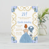 Verjaardagsfeest rood haar prinses in blauw kaart (Staand voorkant)