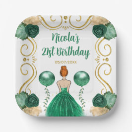 Verjaardagsfeest rood haar prinses in groen papieren bordje