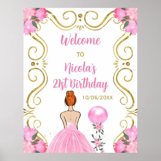 Verjaardagsfeest Rood haar Prinses Roze Welkom Poster (Voorkant)
