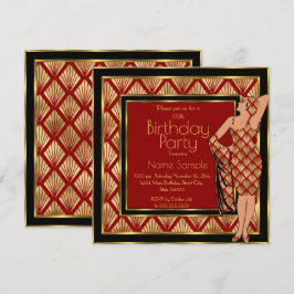 Verjaardagsfeest Rood Zwart Goud Art Deco 1930 Dam Kaart