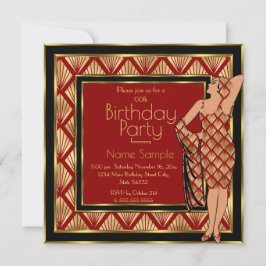 Verjaardagsfeest Rood Zwart Goud Art Deco 1930 Dam Kaart