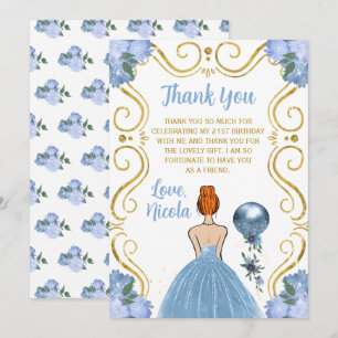 Verjaardagsfeest Roodharige Prinses Blauw Bedankkaart