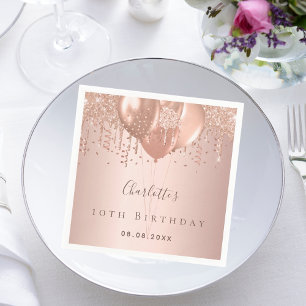 Verjaardagsfeest roos gouden ballonnen servet