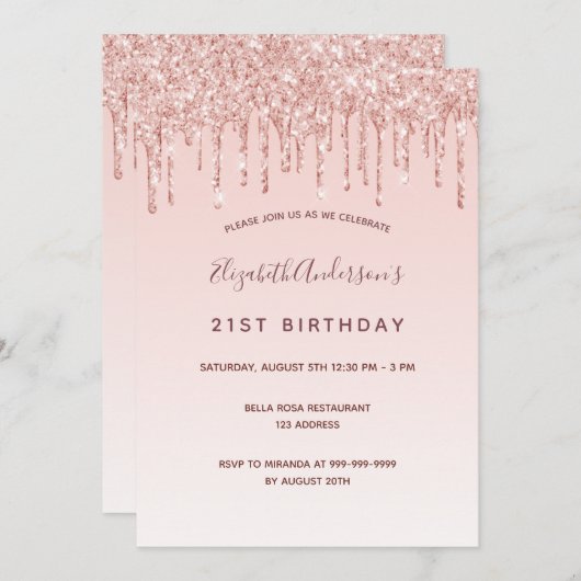 Verjaardagsfeest roos gouden blush roze druppels kaart (Voorkant / Achterkant)