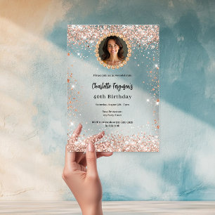 Verjaardagsfeest roos gouden diamant foto duidelij acryl uitnodigingen