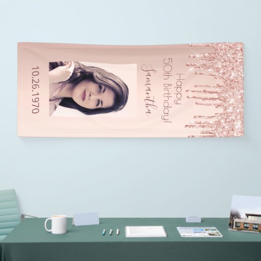 Verjaardagsfeest roos gouden foto roze druppels spandoek (Beurs)