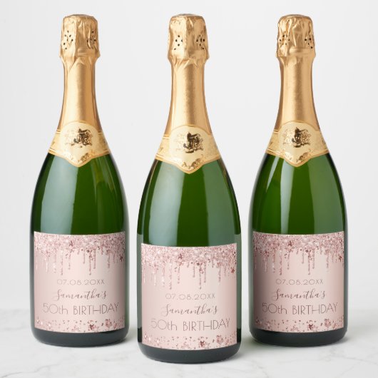 Verjaardagsfeest roos gouden roze druppels sterren sparkling wijnetiket (Flessen)