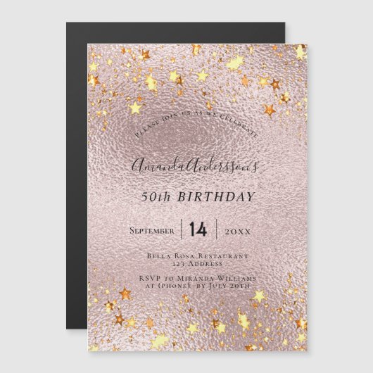 Verjaardagsfeest roos gouden roze sterren modern (Voorkant / Achterkant)