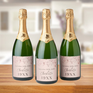 Verjaardagsfeest roos gouden sterren jaar geboren sparkling wijnetiket