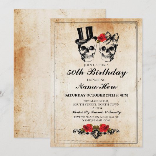 Verjaardagsfeest Roos Schedels Nodig Halloween Kaart (Voorkant / Achterkant)