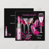 Verjaardagsfeest Roze Champagne Dranken Kaart (Voorkant / Achterkant)
