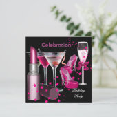 Verjaardagsfeest Roze Champagne Dranken Kaart (Staand voorkant)
