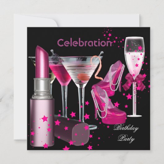 Verjaardagsfeest Roze Champagne Dranken Kaart (Voorkant)