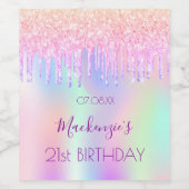 Verjaardagsfeest roze druppels holografische naam wijn etiket (Enkel label)