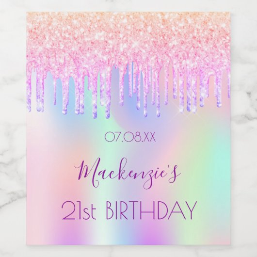 Verjaardagsfeest roze druppels holografische naam wijn etiket (Enkel label)