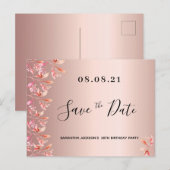 Verjaardagsfeest roze goud roze bloem save the dat briefkaart (Voorkant / Achterkant)