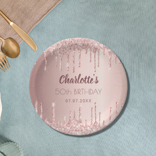 Verjaardagsfeest roze gouden blush glitter druppel papieren bordje