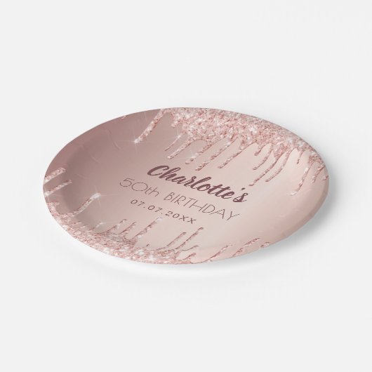 Verjaardagsfeest roze gouden blush glitter druppel papieren bordje (Gekanteld)