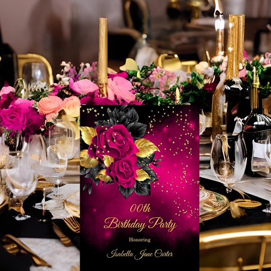 Verjaardagsfeest Roze Roos Bloemen Goud glitter Kaart