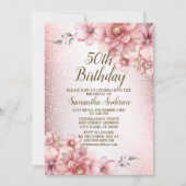 Verjaardagsfeest Roze Waterverf Bloemen Glitters Kaart (Voorkant)